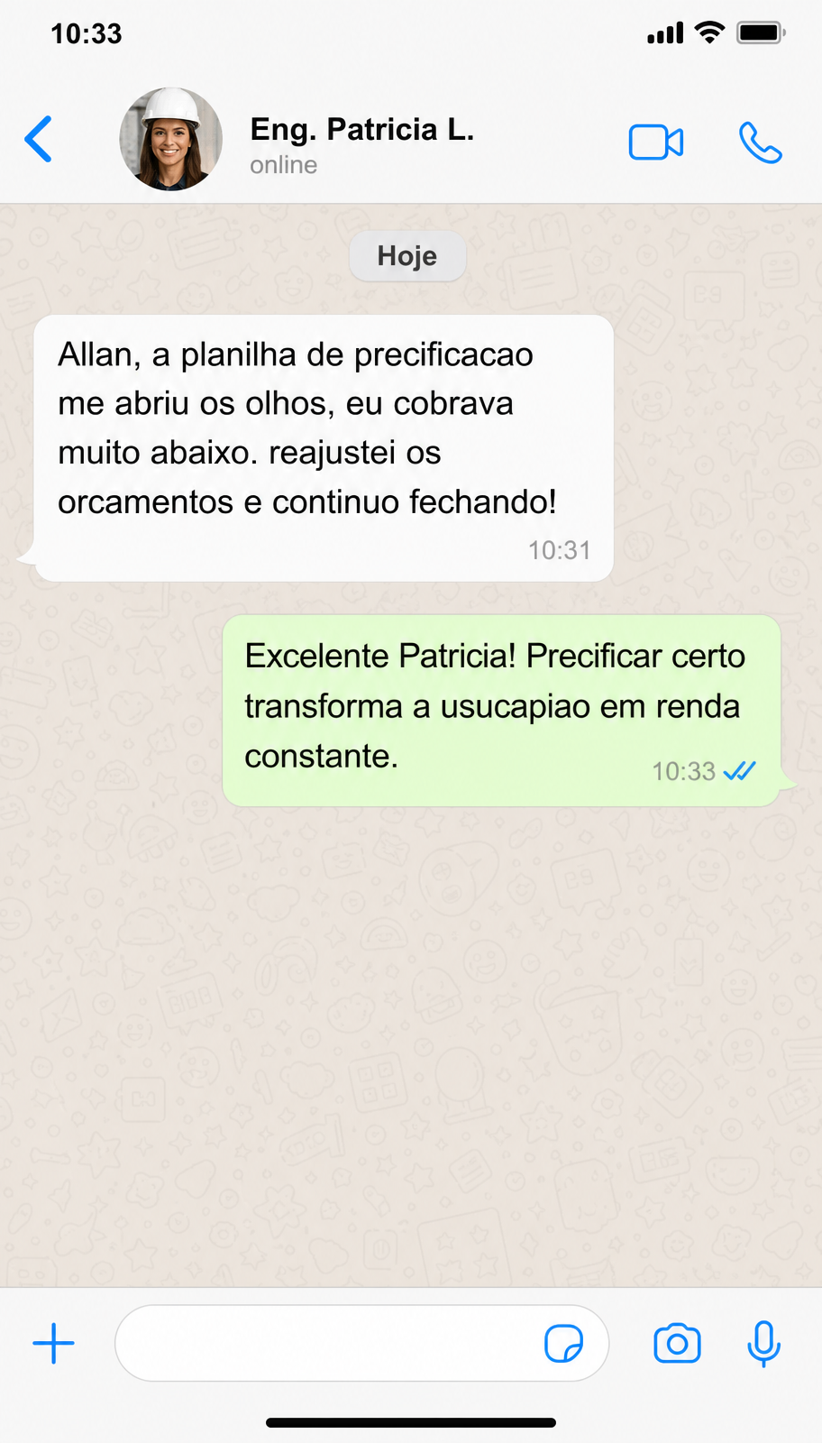 Depoimento no WhatsApp de Eng. Patrícia L.