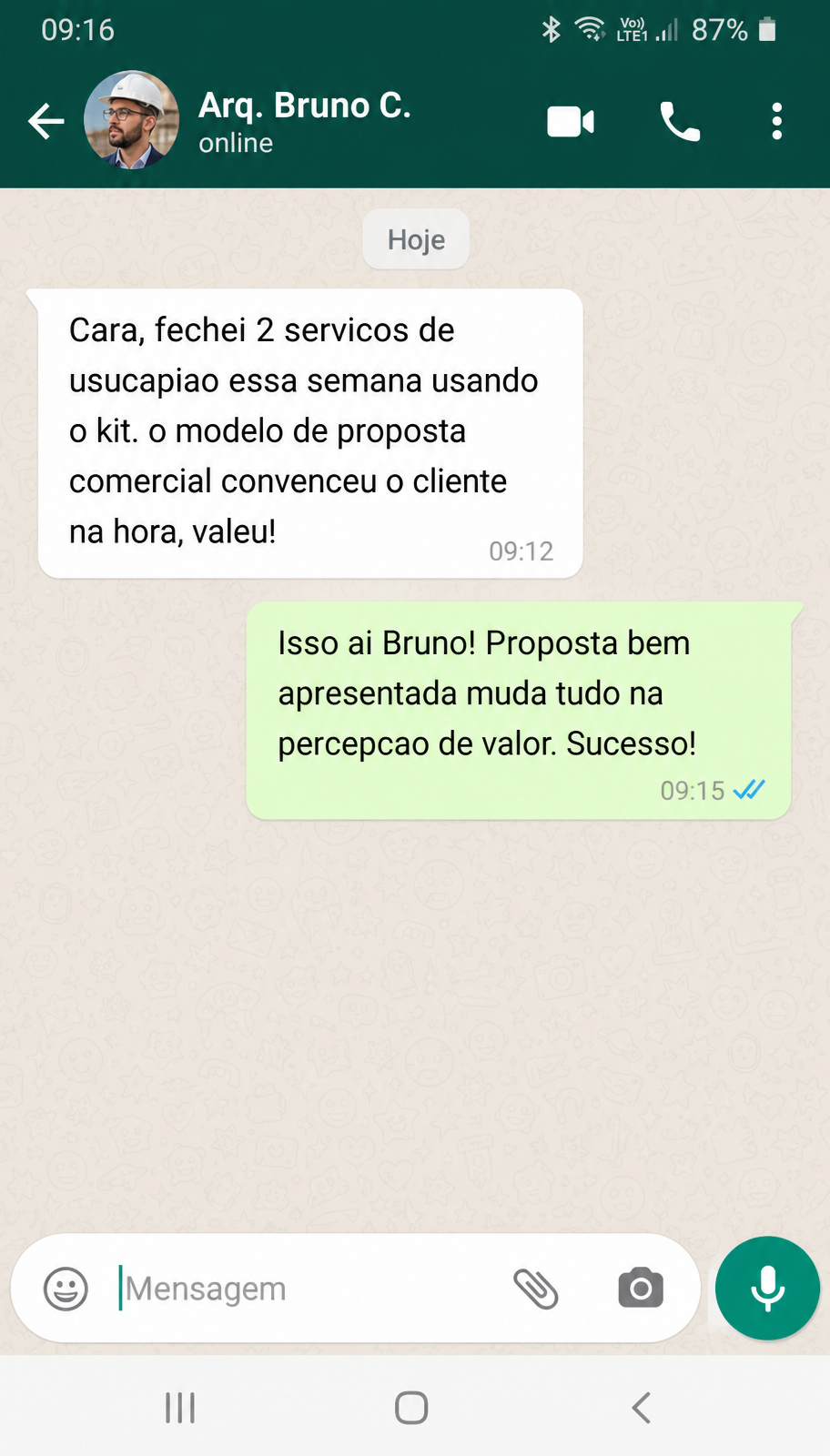 Depoimento no WhatsApp de Arq. Bruno C.